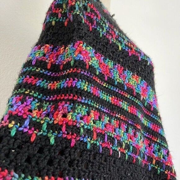 Crocheted Handmade Boho Black Rainbow Loose Knit Fringe Shawl Poncho Sweater OS - Picture 10 of 12